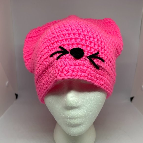 Handmade Crochet‎ Bright Pink Knit Cap w/Black Accent - Picture 2 of 8